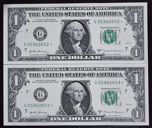Set Dos Billetes De 1 Dollar Reposicion En Serie 2017 Unc