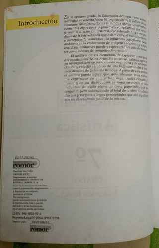 Libro Educación Artística 7mo Grado Editorial Romor (Usado)