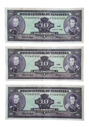 Billetes De 10 Bs. 5/6/95 - Serial A8 - 855, 856 Y 857