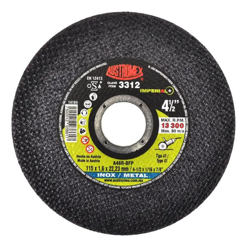 Disco Corte Acero Inox Metal Austromex 4 1/2 PuLG Abrasivo Color Negro