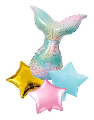 Set Globo Cola Sirena + 3 Estrellas Pastel