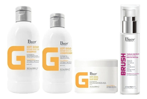 Shampoo + Acondicionador +mascarilla +brush Baor G Soft Gold