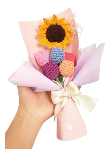 Ramo Tejido Mini - 1 Girasol Y 5 Tulipanes A Crochet 