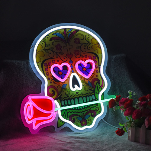 Letrero De Neon Con Calavera, Cerveza, Bar, Cueva, Club, Dor