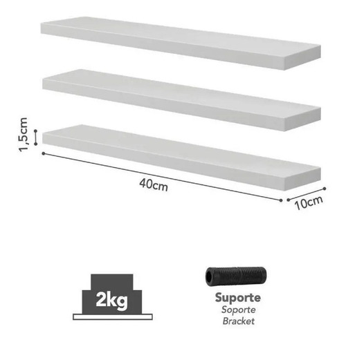 Imagem 1 de 4 de Kit 3 Prateleiras Retas Prat-k Decorare Branco 1,5x10x40cm