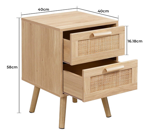Velador Con Rattan De Madera Con 2 Cajón 40x40x58 Cm Ocre