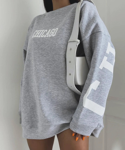 Buzo Gris Oversize Nuevo Chicago Letras T/u Tendencia Friza