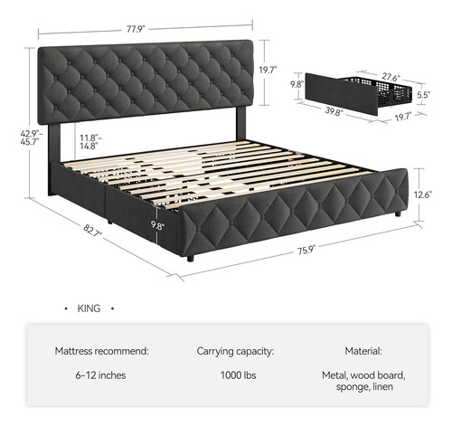 Base De Cama Idealhouse King Size Tapizada En Lino Grey