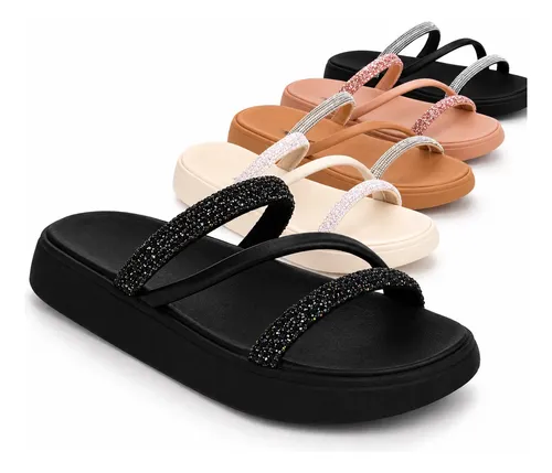 Chinelo Feminina Moleca Strass Brilhosa Macia  Papete Flat