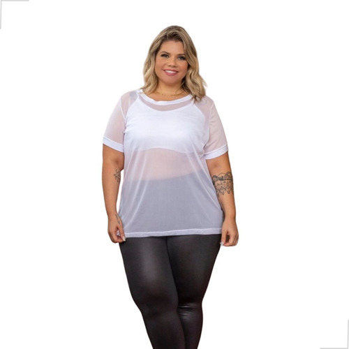 Blusa Tule Branco Transparente Manga Curta  Plus Size