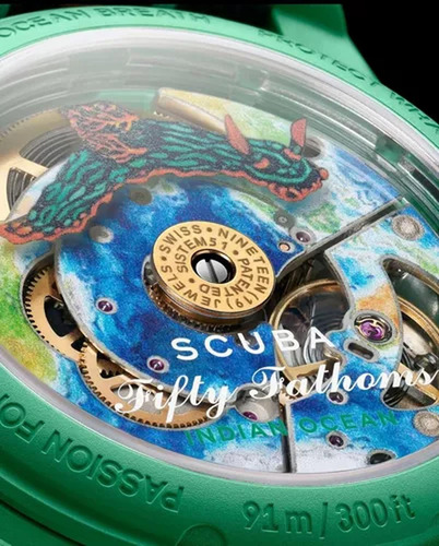 Reloj Swatch X Blancpain Océano Indico Edicion Especial Correa Verde Bisel Negro Fondo Verde