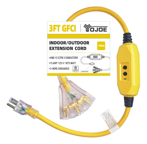 Yojoe Cable De Extension Gfci Amarillo De 3 Pies, Cable Ilum