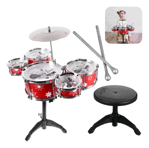 Batería Infantil De 5 Tambores Con Taburete Y Pedal – Juguete Musical De Percusión Para Niños De 3 A 6 Años (rojo)