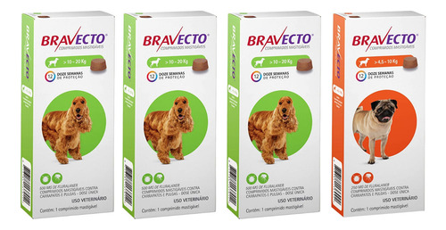 3 Bravecto Cães 10 A 20kg + 1 Bravecto 4,5 A 10kg Antipulgas