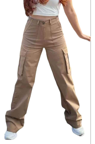 Pantalón Cargo Holgado Tiro Alto Bolsas Laterales Beige 