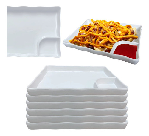 Kit 6 Pratos Retangulares Com Divisória Melamina/plástico