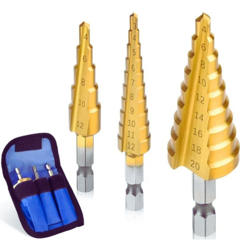 Broca Escalonada Titanio Kit Com 3 Peças 3-12 4-12 4-20mm