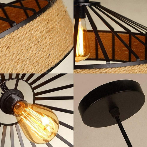 Lampara Colgante 30 Cm Con Cuerda Cáñamo - Metal Rustica Negro