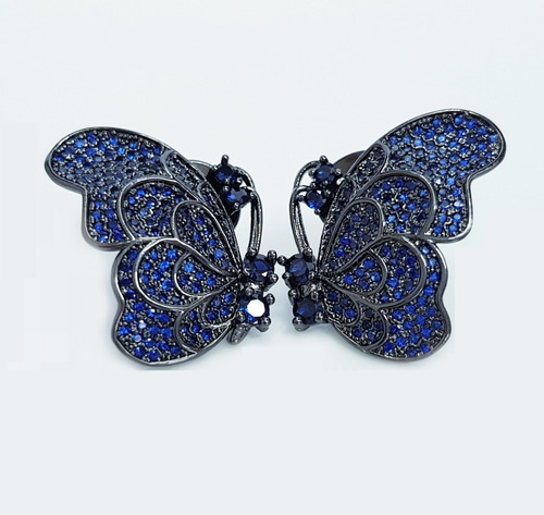 Imagem 5 de 7 de Brinco Feminino Borboleta Azul Cravejado Banhado Ródio Negro
