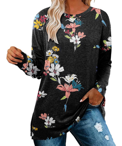 Lnmuld Blusa Tipo Tunica Manga Larga Cuello Redondo Floral