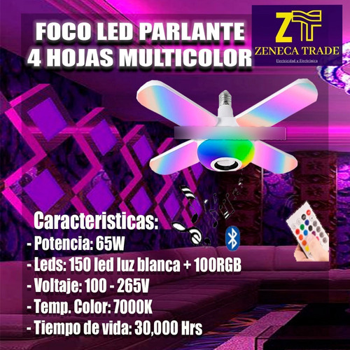 Foco Led Con Parlante Bluetooth 4 Hojas 65w