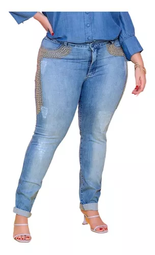 Calça Baggy Jeans com Bordado Lateral Curve & Plus Size - Cor