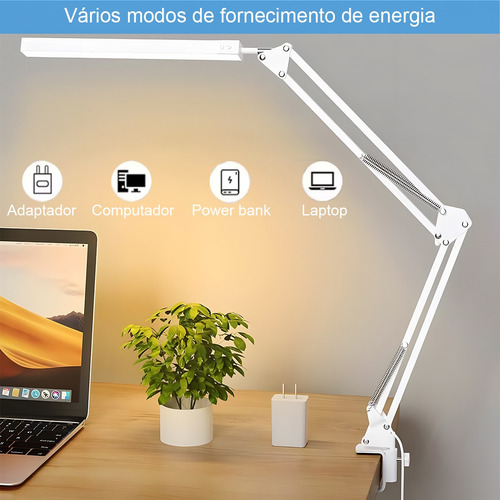 Luminária De Mesa Led Com Braço Articulado E Garra 10 Modos