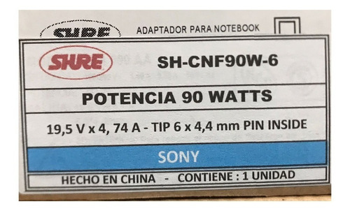 Imagen 3 de 3 de Cargador Para Notebook Sony 19v 4.74a 6.5x4.4 Cnf90w-6