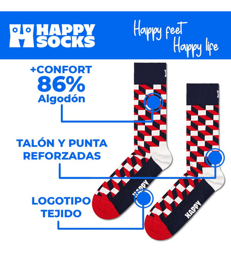 Calcetines Originales Happy Socks Diseño Óptico Reforzado Rojo / Azul Estampado 26 Cm - 30 Cm Del Pie