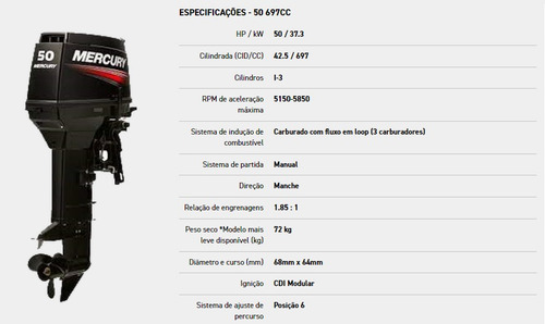 Motor De Popa Mercury 50 Hp, Elpto 2 Tempos Poddium Náutica
