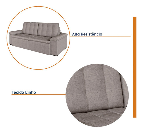 Sofá Cama 3 Lugares Retrátil Reclinável 2,00m Linho Wt