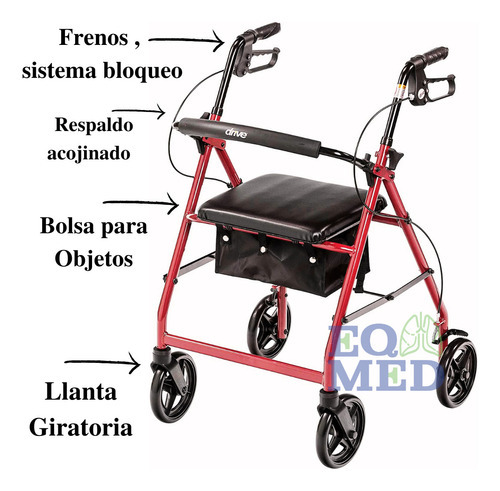 Andadera Ortopedica Rollator Adulto Con Asiento Color Roja