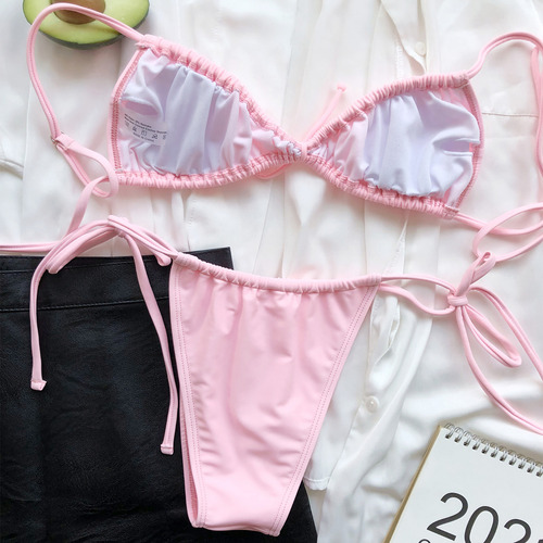 Traje De Baño De Bikini De Color Liso Para Mujer, Dos Piezas