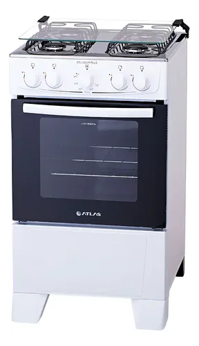 Fogão de chão Atlas Coliseum Plus A Gás 4 queimadores Branco com Mesa de Inox Porta com visor e Forno de 50 Litros