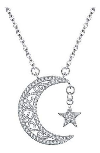 Nunca Fe 925 Cz Bling Luna Y Estrella Colgante, Collar De Cl