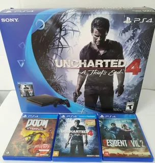 Playstation 4 Slim 500 Gb Edição Especial Uncharted + 2 Controles + 3 Jogos Físicos Resident Evil God Of War Doom Na Caixa
