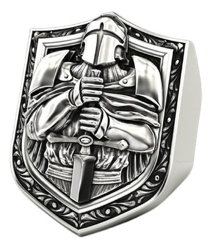 Anillo Caballero Medieval Con Escudo Cruzado Y Espada Diseño