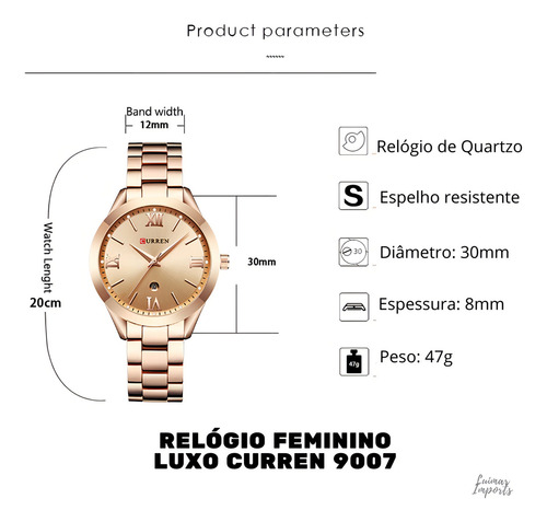 Reloj de lujo Curren 9007 para mujer con funda en V. Colores y correa, color oro rosa/azul