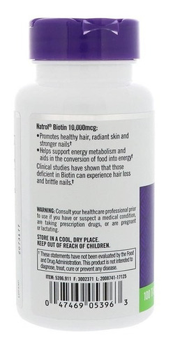 Imagen 3 de 5 de Cabello Increíble Con Natrol 10,000 Mcg Con 100 Tabs