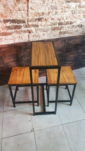 Imagen 2 de 6 de Mesa Hierro Y Madera 60x30x78 + 2 Bancos Industrial Desayuno