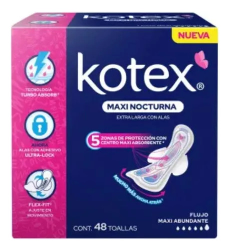 Toallas Femeninas Maxi Nocturna Con Alas Kotex 48 Piezas