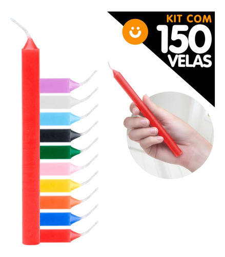 Kit 150x Vela Colorida 16cm Vermelha Branca Amarela + Cores