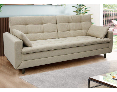 Sofá Cama New Jully 208cm Linoforte Com Braços Pés Madeira Bege Liso