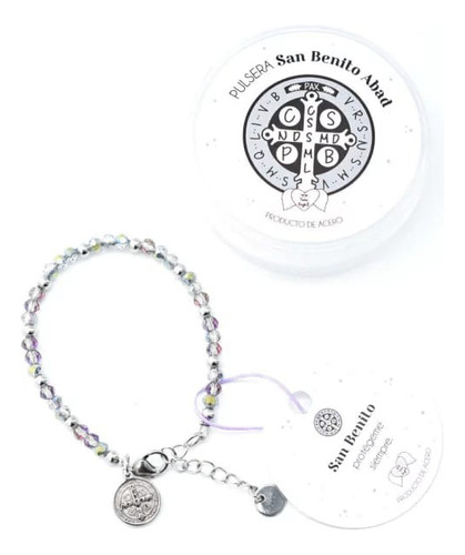 Pulsera San Benito Abad Platino De Cristal Salve Regina