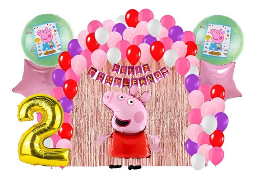 Combo Arco Globos Peppa Pig Metalizados Cortina Numero Deco