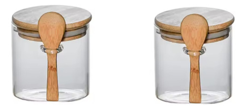 Pack X2 Frasco De Vidrio Redondo Tapa De Bambu 500ml Cuchara Color Transparente