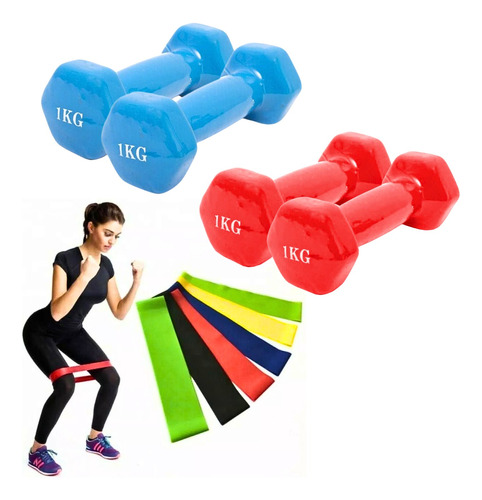 Pack Fitness Bandas Elásticas X5 + 2 Mancuernas 1 Kg C/u