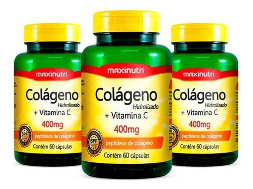 3 Colágenos Hidrolisado Vitamina C 400mg 60 Caps Maxinutri Sabor Sem sabor