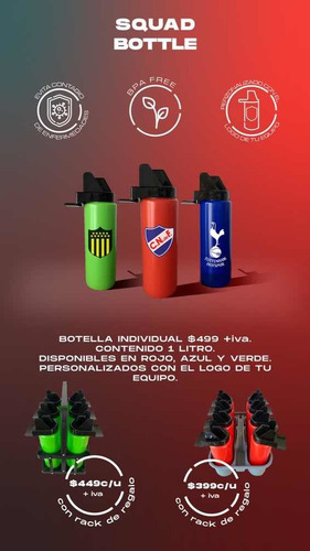 Imagen 9 de 10 de Caramañola Botella Deportiva Unica Futbol Rugby + Rack +logo