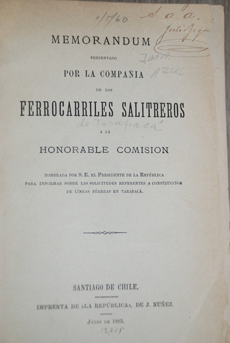 Tarapacá Memorándum Ferrocarriles Salitreros Plano 1883